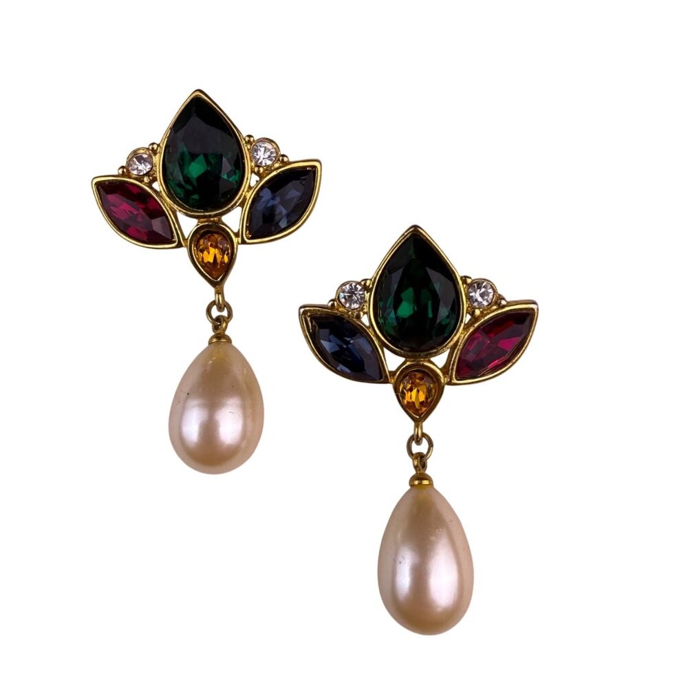 Monet Womens Multicolor Faux Pearl Drop Earrings Gold Tone Crystal Accents